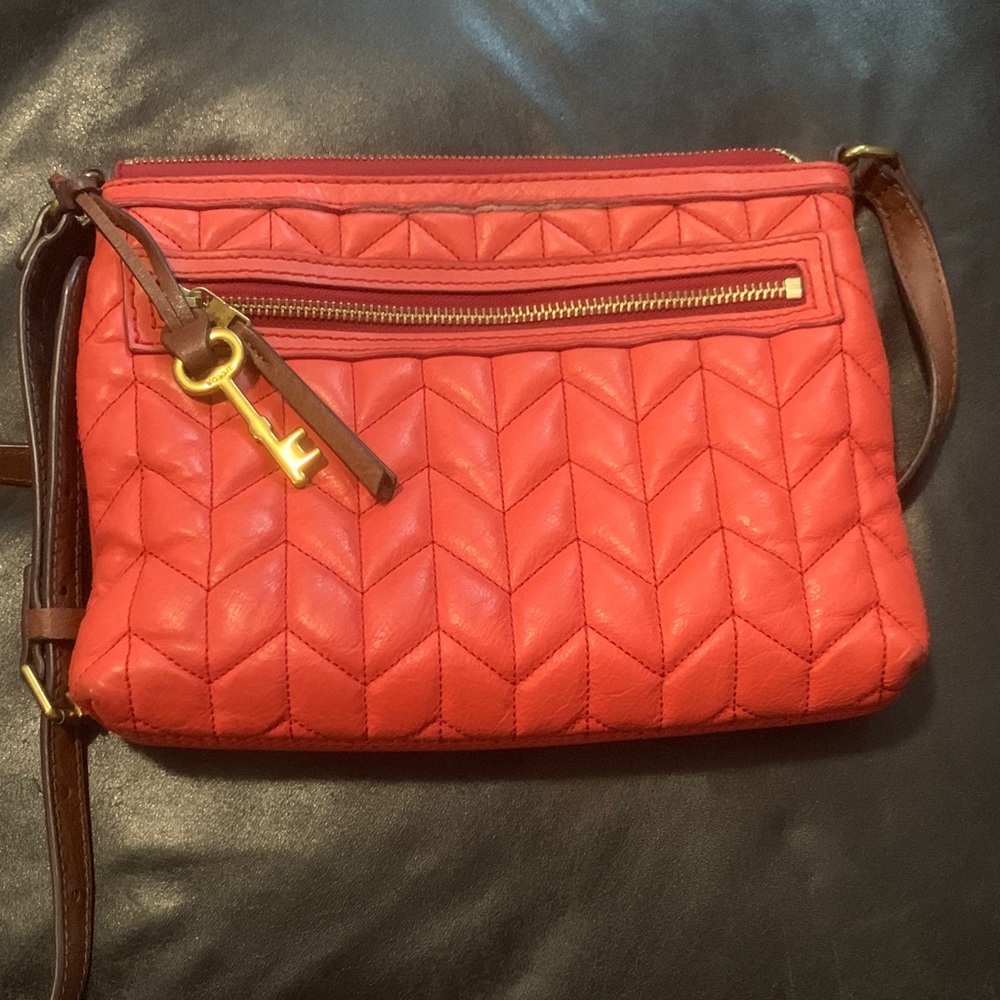 Fossil Red Quilted Crossbody with Gold Accents